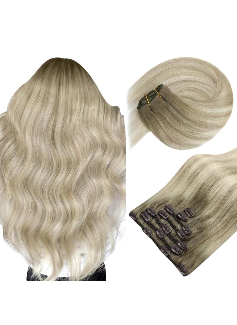 Sunny Hair - Sunny Hair Clip in Hair Extensions Straight Human Hair Clip in Extensions Remy Clip in Hair Extensions Real Human Hair Extensions Clip ins Ash Blonde Ombre Platinum Blonde Low Highlights 16inch - Image 1