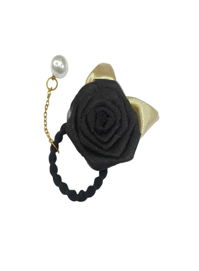 Fairytale Elegant Hair Tie With Rose and Pearl Charm, Black Elastic Band, Gold Chain Hair Rubber Band For Girls And Womens. (Black, Regular) - Image 1