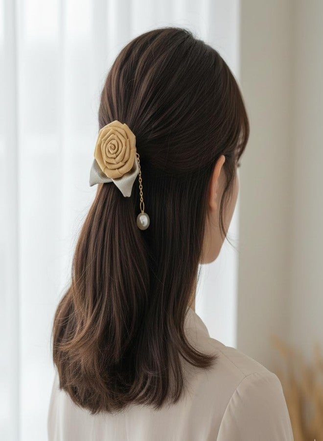 Fairytale Elegant Hair Tie With Rose and Pearl Charm, Black Elastic Band, Gold Chain Hair Rubber Band For Girls And Womens. (Black, Regular) - Image 2