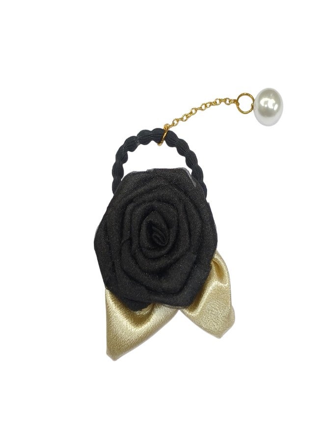 Fairytale Elegant Hair Tie With Rose and Pearl Charm, Black Elastic Band, Gold Chain Hair Rubber Band For Girls And Womens. (Black, Regular) - Image 4