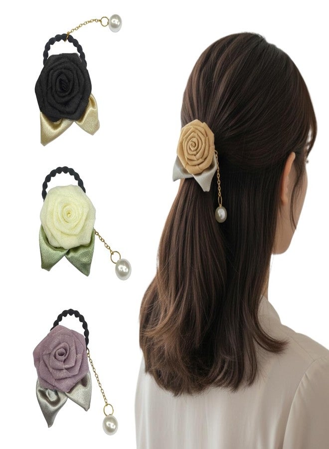 Fairytale Elegant Hair Tie With Rose and Pearl Charm, Black Elastic Band, Gold Chain Hair Rubber Band For Girls And Womens. (Black, Regular) - Image 5