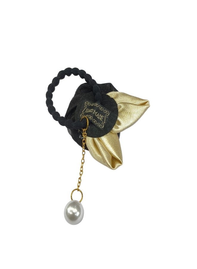 Fairytale Elegant Hair Tie With Rose and Pearl Charm, Black Elastic Band, Gold Chain Hair Rubber Band For Girls And Womens. (Black, Regular) - Image 3