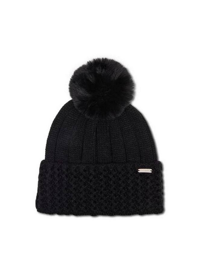 STEVE MADDEN - Women'S Waffle Knit Beanie With Pom, Black - Image 1