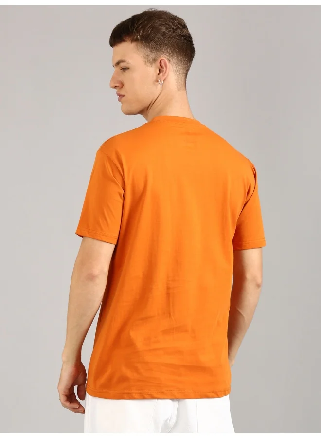 جوفن Orange Printed Round Neck T-Shirt for Men