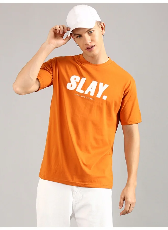 جوفن Orange Printed Round Neck T-Shirt for Men