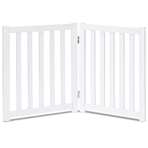 LZRS 2-Panel Wooden Free Standing Foldable Dog Gate Indoor – Solid Hardwood 24" High, Step-Over Safety Pet Gate for Doorways, Stairs & Small Spaces - Indoor Use, White - Image 1