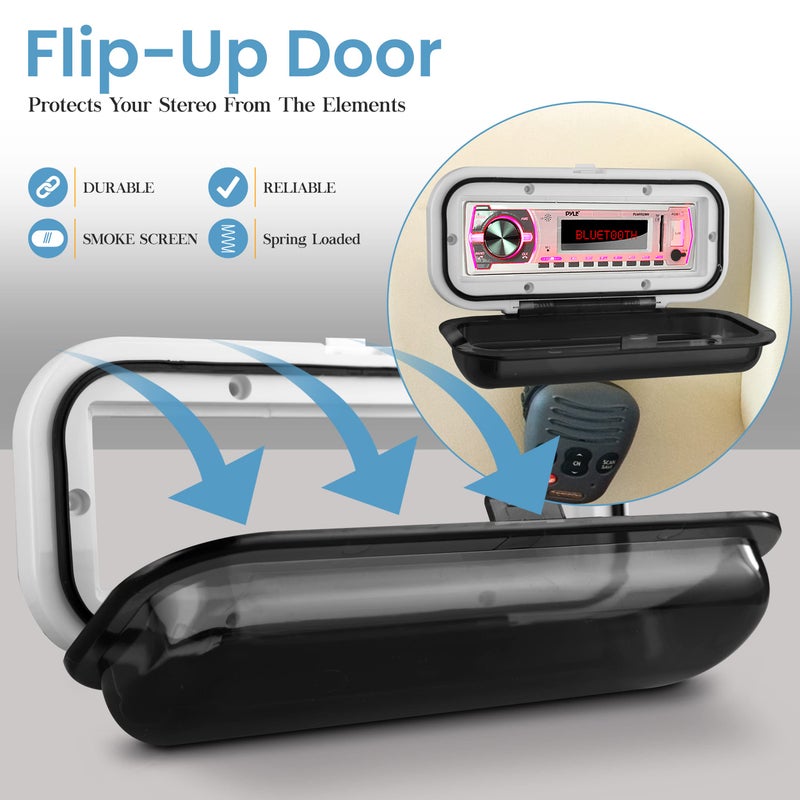 Pyle Water Resistant Marine Stereo Cover - Smoke Colored Heavy Duty Boat Radio Protector Shield with Flip-up Door & Spring Loaded Release - Mounting Gasket Included - PLMRCW1 - Image 4