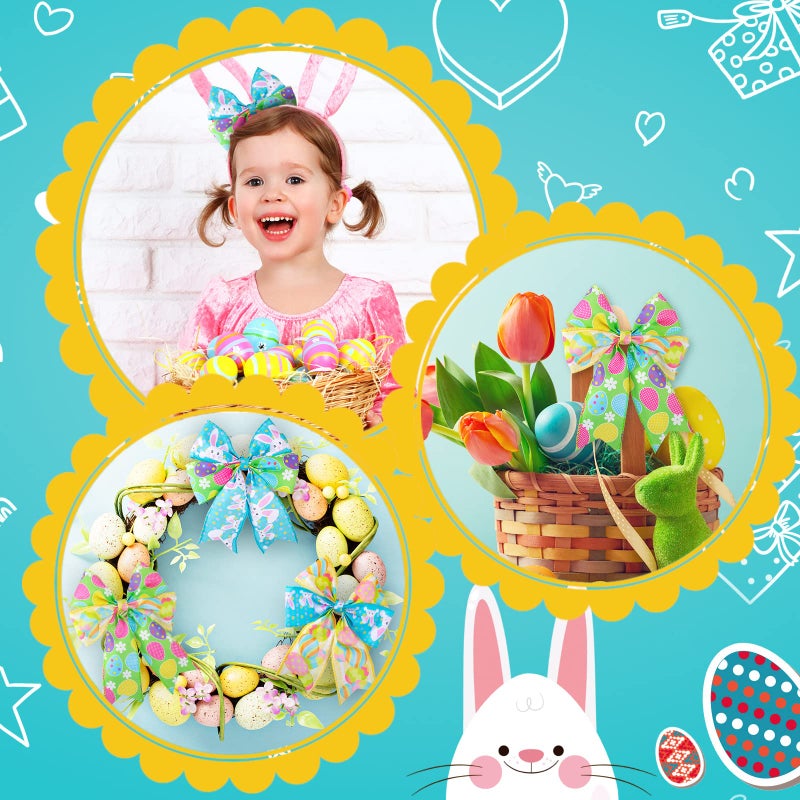 Juinte Easter Wired Edge Ribbon 3 Rolls 15 Yards Egg Bunny Printed Ribbons Wrapping Fabric Spring Colorful Craft for Easter Party Holiday DIY Decor Supplies, 2.5 Inches - Image 5