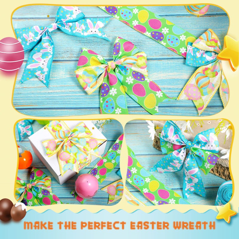 Juinte Easter Wired Edge Ribbon 3 Rolls 15 Yards Egg Bunny Printed Ribbons Wrapping Fabric Spring Colorful Craft for Easter Party Holiday DIY Decor Supplies, 2.5 Inches - Image 3