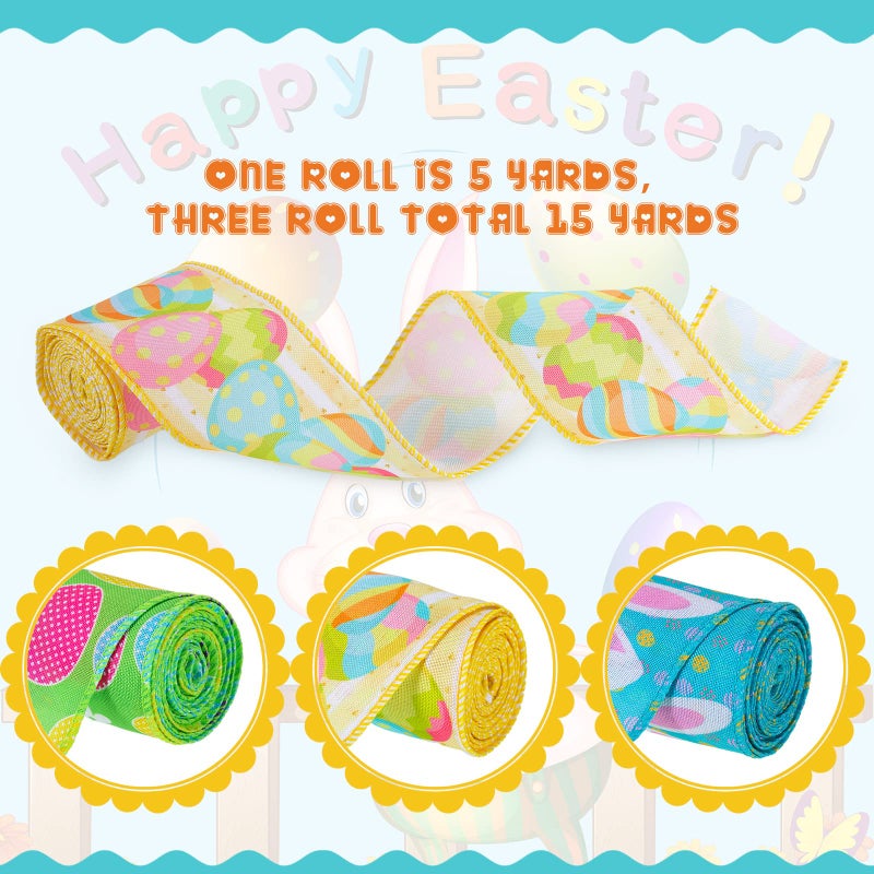 Juinte Easter Wired Edge Ribbon 3 Rolls 15 Yards Egg Bunny Printed Ribbons Wrapping Fabric Spring Colorful Craft for Easter Party Holiday DIY Decor Supplies, 2.5 Inches - Image 4