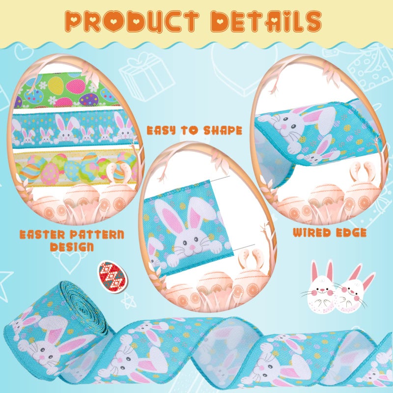 Juinte Easter Wired Edge Ribbon 3 Rolls 15 Yards Egg Bunny Printed Ribbons Wrapping Fabric Spring Colorful Craft for Easter Party Holiday DIY Decor Supplies, 2.5 Inches - Image 2