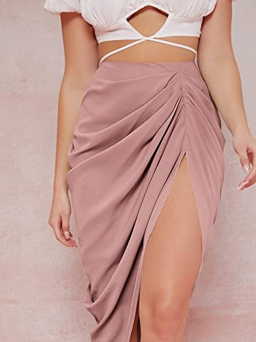 WDIRARA Women's Ruched Hign Split Midi Skirts Side Slit High Waist Wrap Skirt Pink X-Large - Image 4