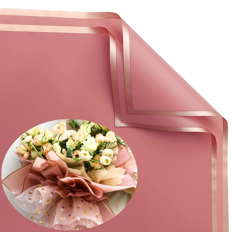 XICHEN 20 Sheets Pure color gold edge Flower Wrapping PaperFlorist Bouquet SuppliesDIY CraftsGift Packaging or Gift Box Packaging Wraps Waterproof Floral Wrapping Paper 228x228Inch Pink