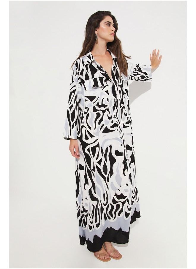 JUNE - June Women 100% Viscose Patterned Maxi Dress Black - Grey - Image 1