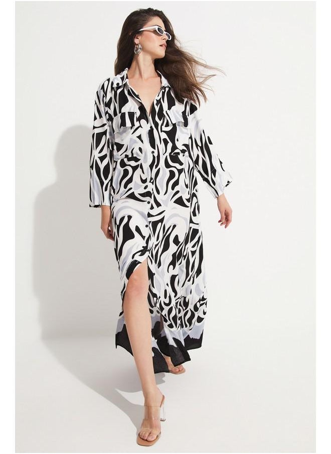 JUNE - June Women 100% Viscose Patterned Maxi Dress Black - Grey - Image 1