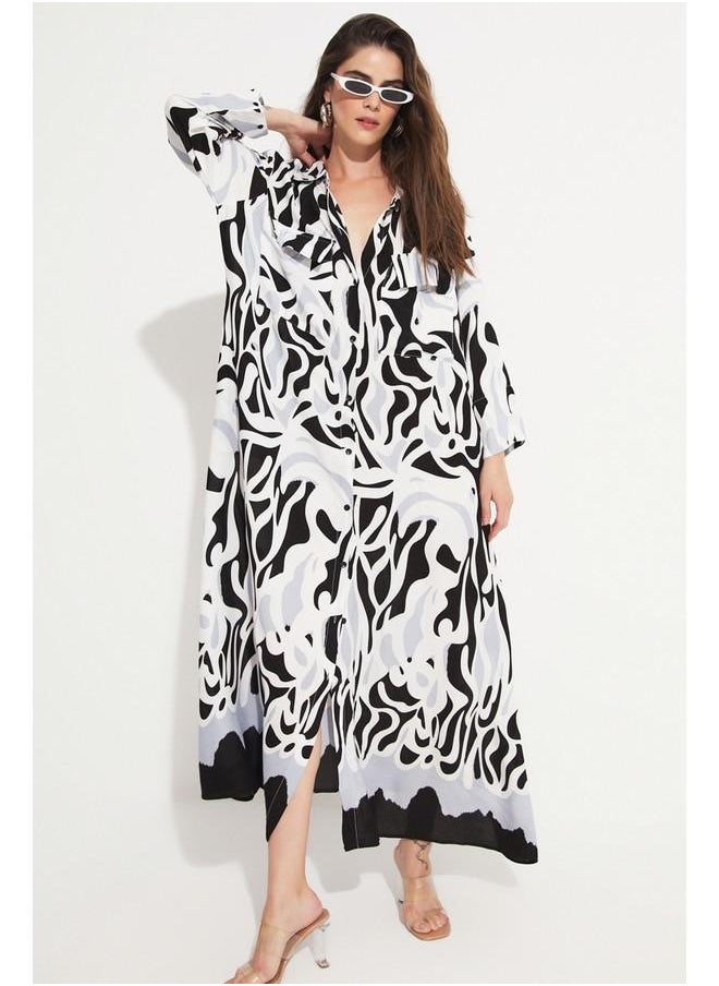 JUNE - June Women 100% Viscose Patterned Maxi Dress Black - Grey - Image 1