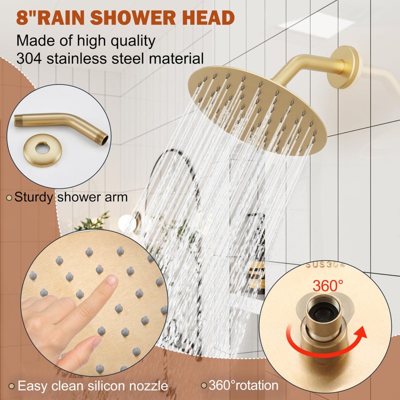 HoliSpa Tub Shower Faucet, Brushed Gold Shower Faucet Set with 8-Inch All-Metal Rainfall Showerhead and Bathtub Spout, Single-Handle Tub Shower-Trim Kit Included Valve, Brushed Gold - Image 4