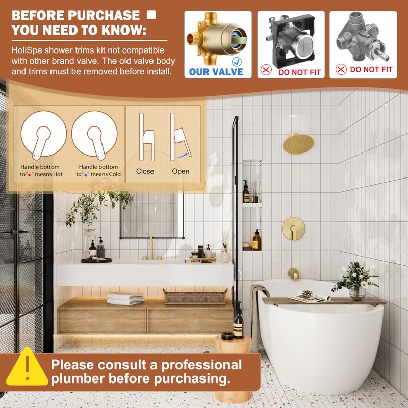 HoliSpa Tub Shower Faucet, Brushed Gold Shower Faucet Set with 8-Inch All-Metal Rainfall Showerhead and Bathtub Spout, Single-Handle Tub Shower-Trim Kit Included Valve, Brushed Gold - Image 2