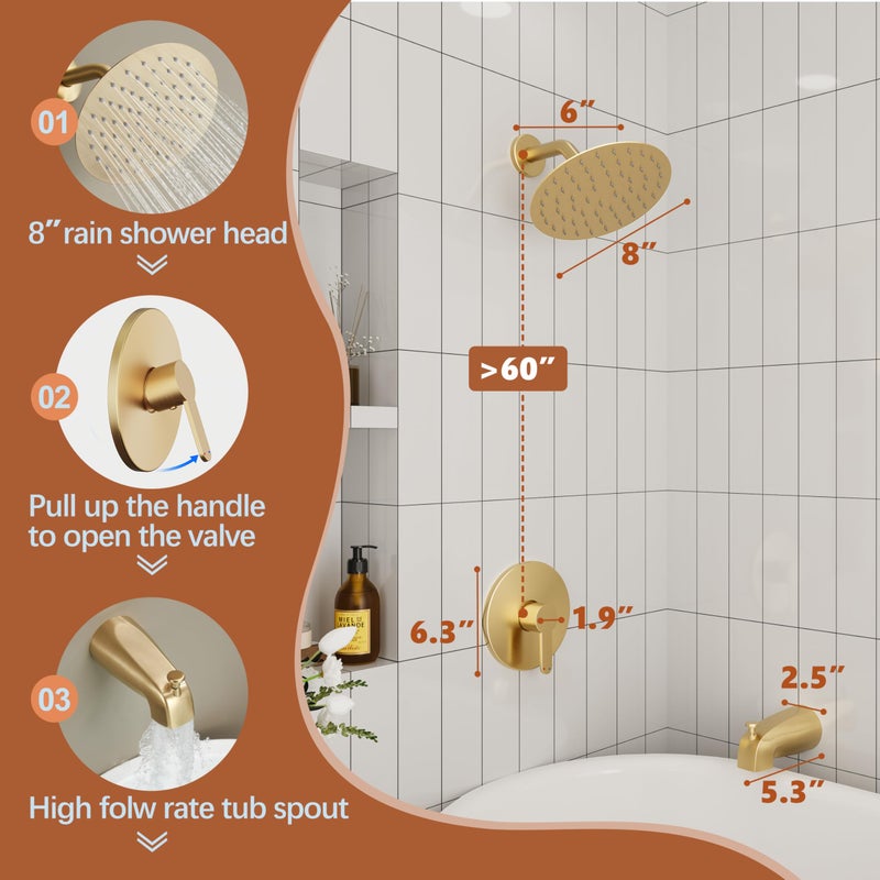 HoliSpa Tub Shower Faucet, Brushed Gold Shower Faucet Set with 8-Inch All-Metal Rainfall Showerhead and Bathtub Spout, Single-Handle Tub Shower-Trim Kit Included Valve, Brushed Gold - Image 3