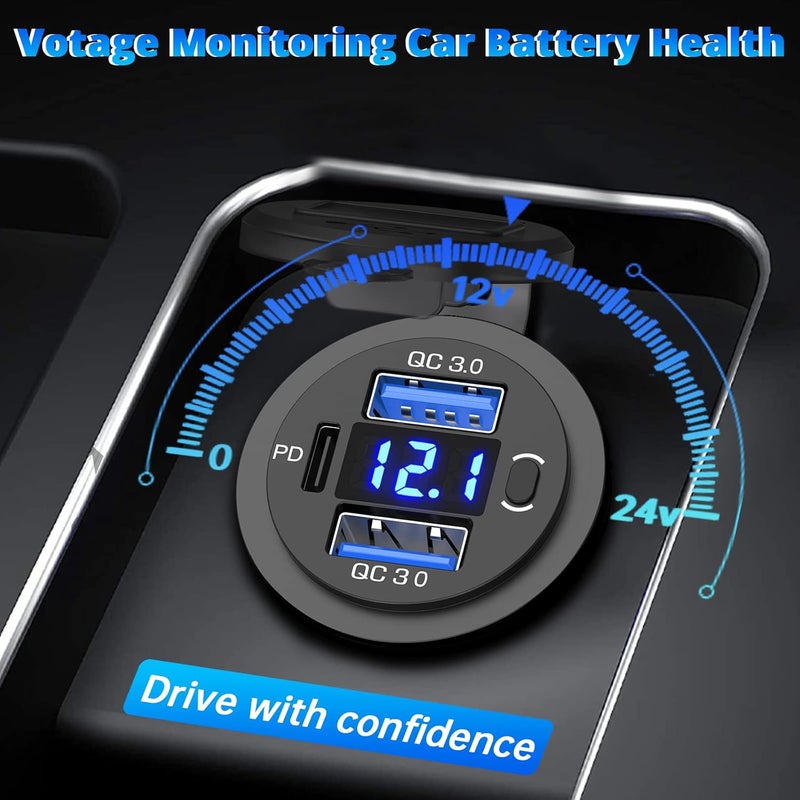 Qidoe 12V Type C USB Socket Car Charger Adapter with LED Voltmeter - Image 4