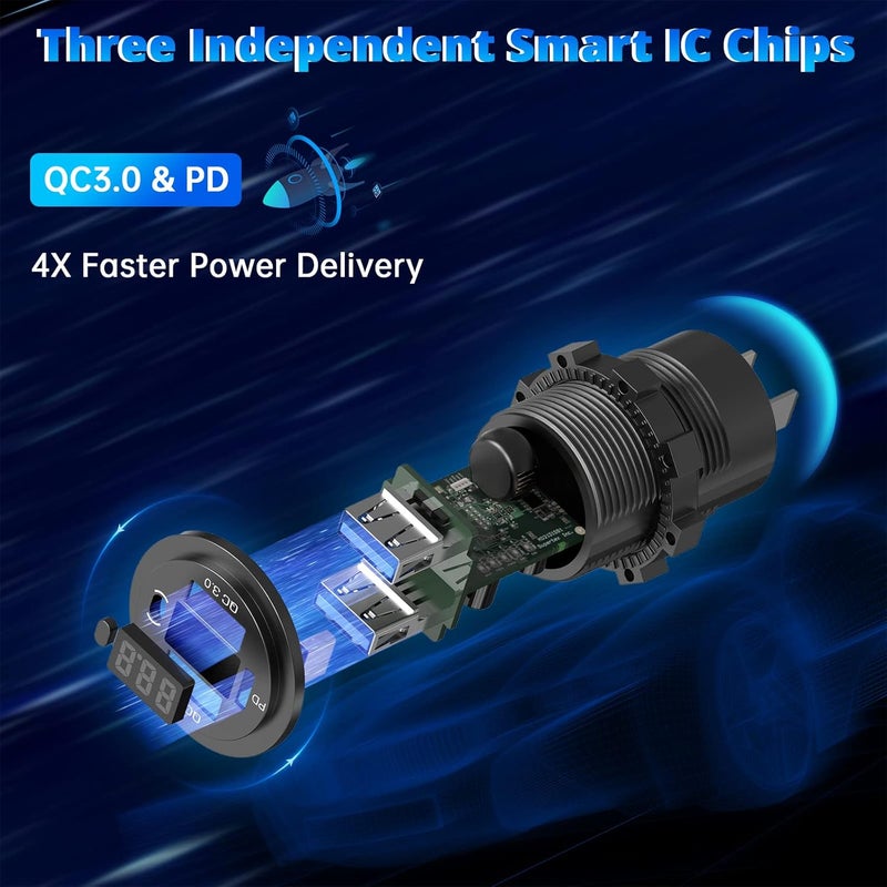 Qidoe 12V Type C USB Socket Car Charger Adapter with LED Voltmeter - Image 3