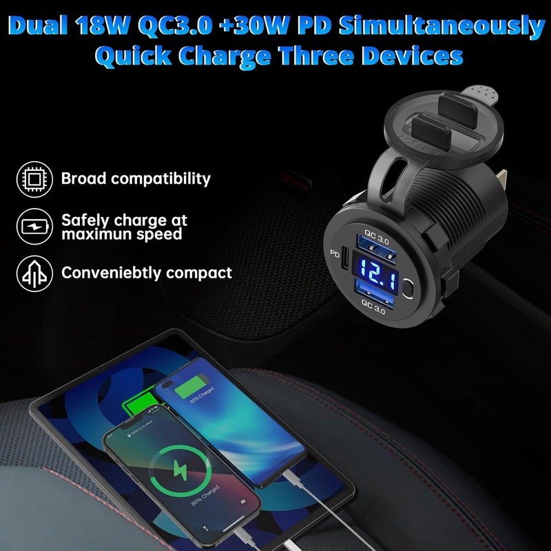 Qidoe 12V Type C USB Socket Car Charger Adapter with LED Voltmeter - Image 2