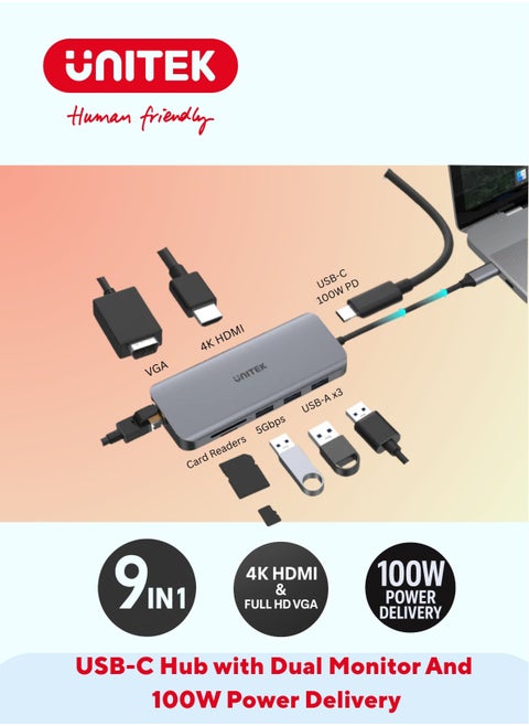USB-C Ethernet Hub 9-in-1 with Dual Monitor, 100W Power Delivery and Dual Card Reader