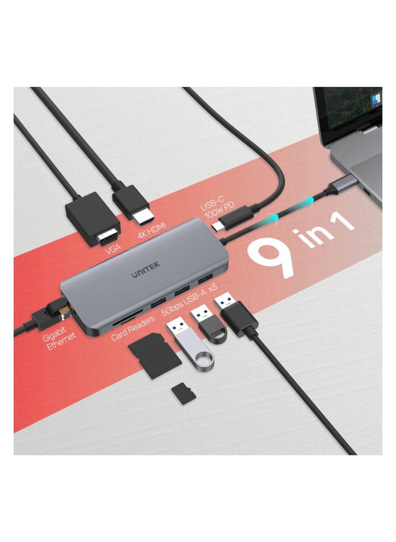UNITEK - USB-C Ethernet Hub 9-in-1 with Dual Monitor, 100W Power Delivery and Dual Card Reader - Image 1