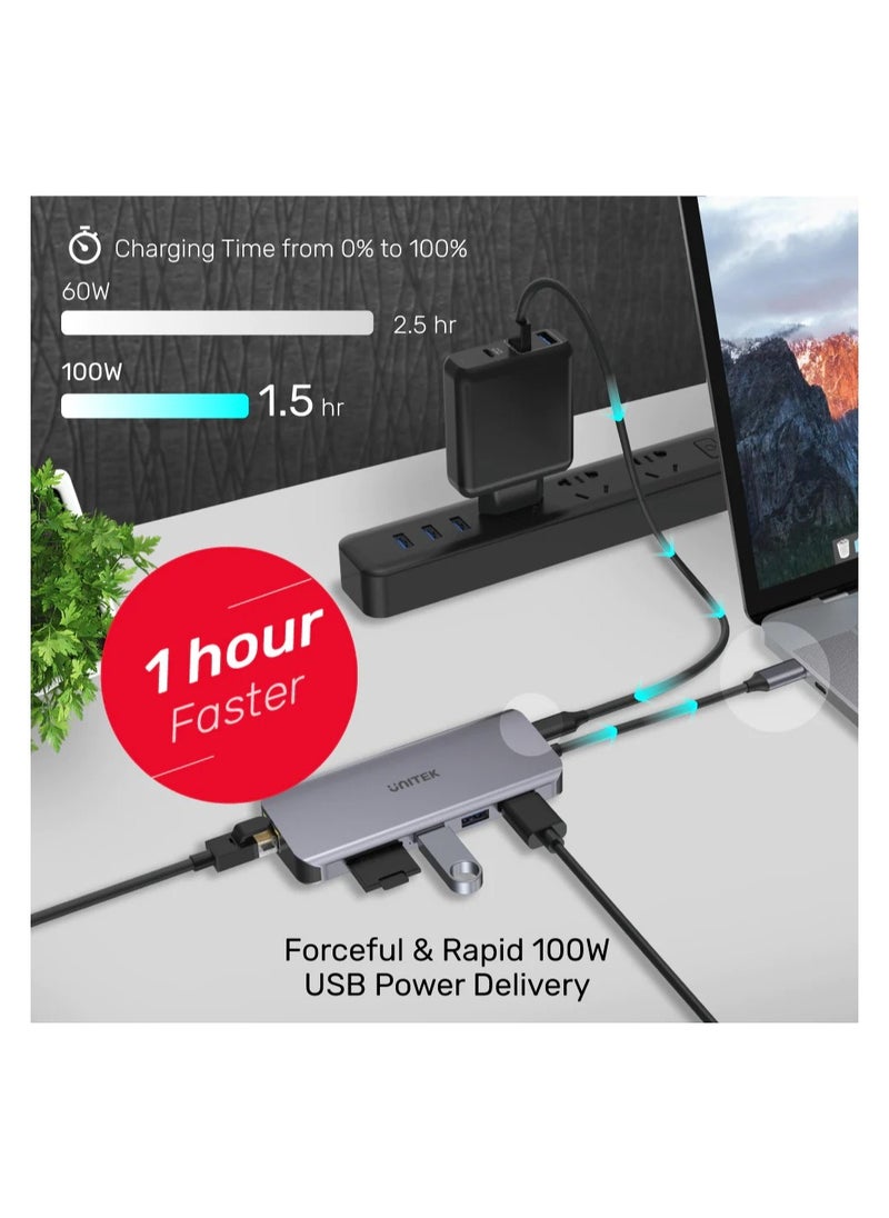 UNITEK - USB-C Ethernet Hub 9-in-1 with Dual Monitor, 100W Power Delivery and Dual Card Reader - Image 1