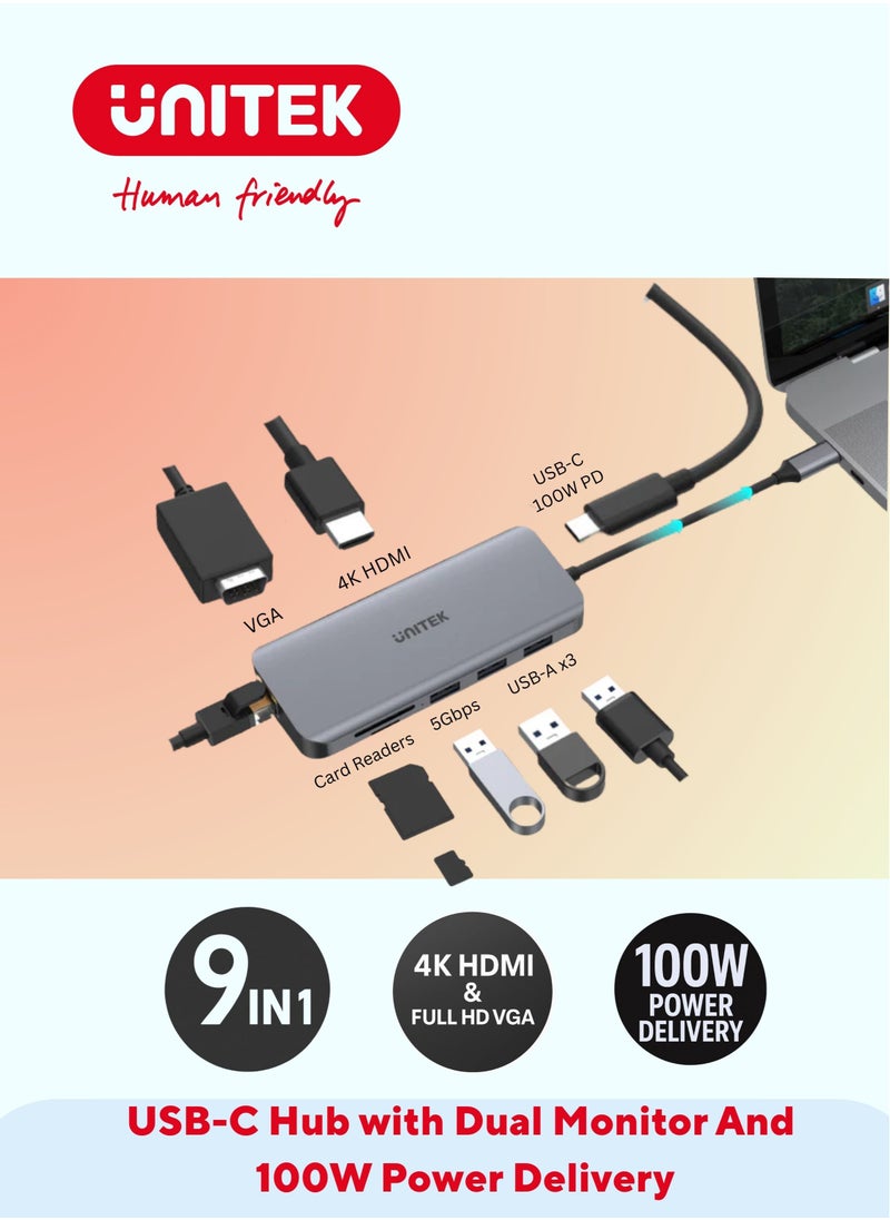 UNITEK - USB-C Ethernet Hub 9-in-1 with Dual Monitor, 100W Power Delivery and Dual Card Reader - Image 1