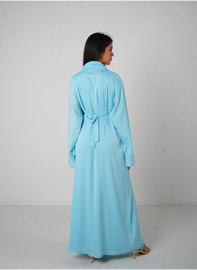 JAMEELA Sky Blue Classic Open Abaya 3 pieces Set