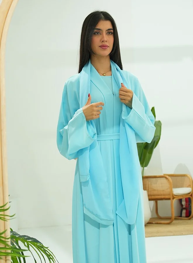 JAMEELA Sky Blue Classic Open Abaya 3 pieces Set