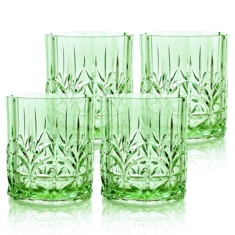BELLAFORTE Shatterproof Tritan Plastic Short Tumbler Set of 4 13oz  Myrtle Beach Unbreakable Crystal Cut Old Fashioned Drinking Glasses for Whiskey  BPA Free  Dishwasher Safe  Green