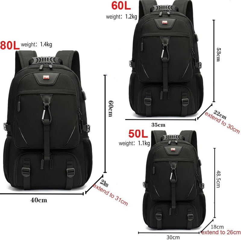حقيبة سفر كبيرة 50L 60L 80L للرجال والنساء، حقيبة ظهر سوداء مقاومة للماء مع منفذ شحن USB، حقيبة ظهر للكمبيوتر المحمول 17 بوصة، حقيبة للتخييم والتنزه - Image 3