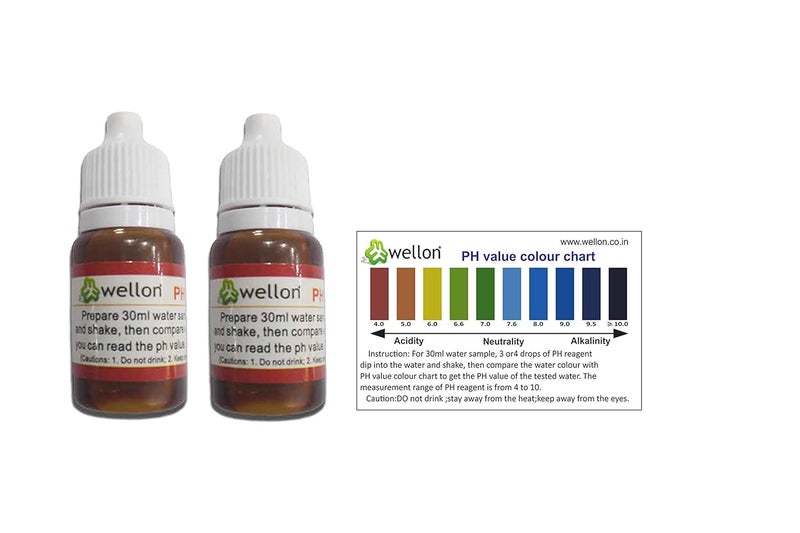 WELLON قطرات pH لاختبار pH ومستوى القلوية، لاختبار مياه pH مع مخطط ألوان pH، مجموعة اختبار pH، سائل ليتماس (زجاجتان) - Image 1
