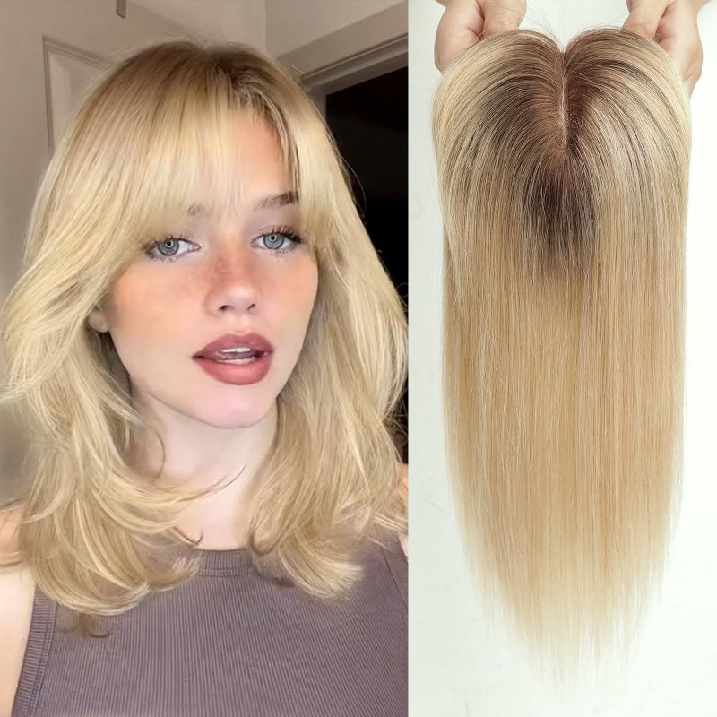 EMMOR Womens Hair Topper 150 Density Human Hair with Bangs Silk Base Three Clips 14 inch 4 Ombre Light Blonde