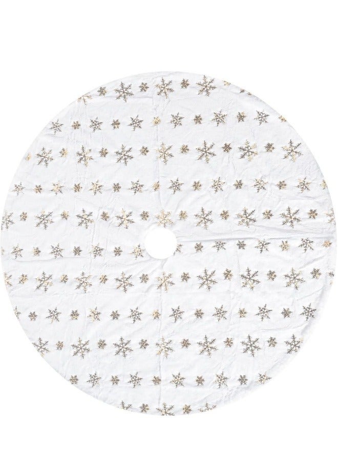 NIBEMINENT Christmas Tree Skirt White 48 inch with Gold Sequin Embroidered Snowflakes Pattern,Luxury Faux Fur Mat Plush Blanket for Indoor Kids Play and Party  - Image 1