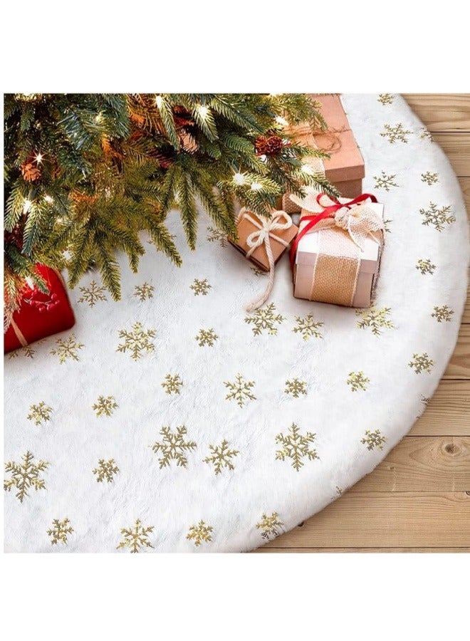 NIBEMINENT Christmas Tree Skirt White 48 inch with Gold Sequin Embroidered Snowflakes Pattern,Luxury Faux Fur Mat Plush Blanket for Indoor Kids Play and Party  - Image 2