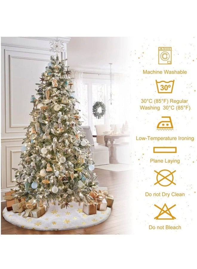 NIBEMINENT Christmas Tree Skirt White 48 inch with Gold Sequin Embroidered Snowflakes Pattern,Luxury Faux Fur Mat Plush Blanket for Indoor Kids Play and Party  - Image 3