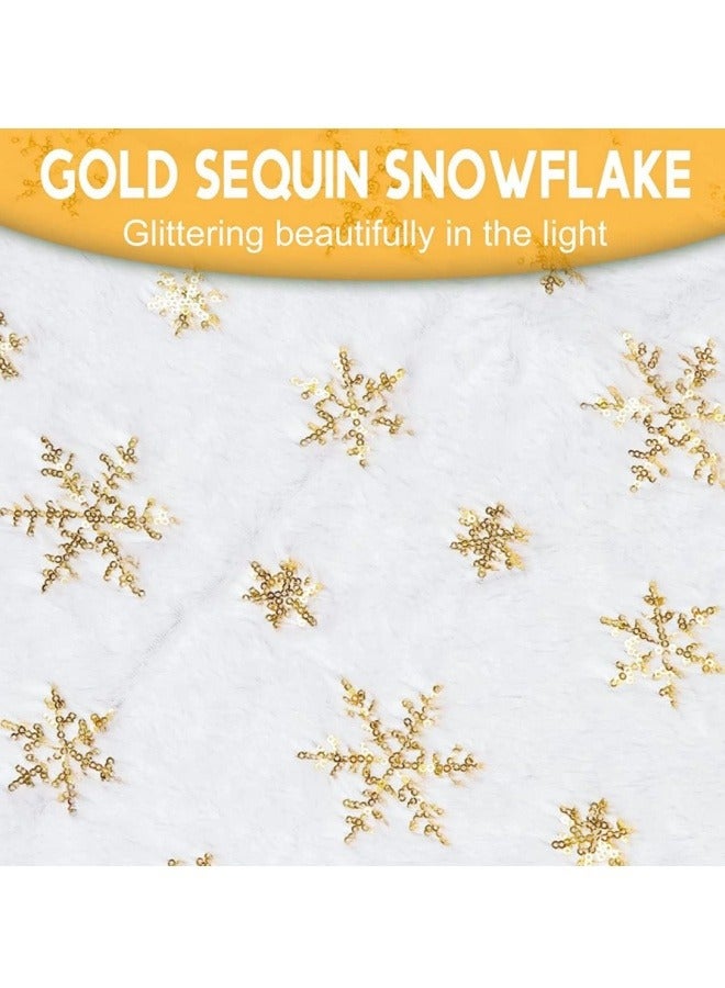 NIBEMINENT Christmas Tree Skirt White 48 inch with Gold Sequin Embroidered Snowflakes Pattern,Luxury Faux Fur Mat Plush Blanket for Indoor Kids Play and Party  - Image 4