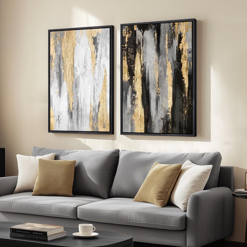 Cuspin Large Framed Black and White Abstract Wall Art for Living Room, Set of 2 Piece Minimalist Canvas Prints Paintings Artwork for Walls, Modern Black Gold Pictures for Hallway Office Wall Decor Big Size 24x36 In - Image 1