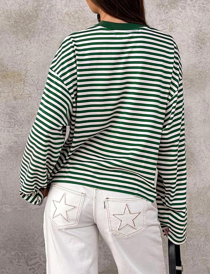 LOMON Striped Long Sleeve Shirt Women Y2k Oversized Crewneck Fall Spring Drop Shoulder Vintage Tops Teen Girl Clothes (Green White Striped, M) - Image 5