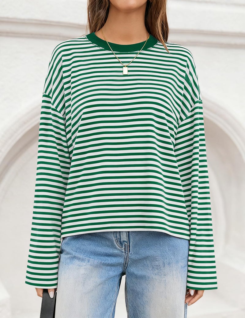 LOMON Striped Long Sleeve Shirt Women Y2k Oversized Crewneck Fall Spring Drop Shoulder Vintage Tops Teen Girl Clothes (Green White Striped, M) - Image 2