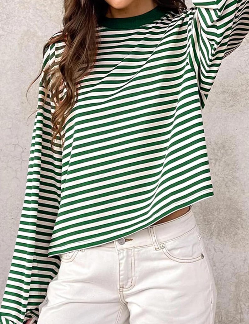 LOMON Striped Long Sleeve Shirt Women Y2k Oversized Crewneck Fall Spring Drop Shoulder Vintage Tops Teen Girl Clothes (Green White Striped, M) - Image 4