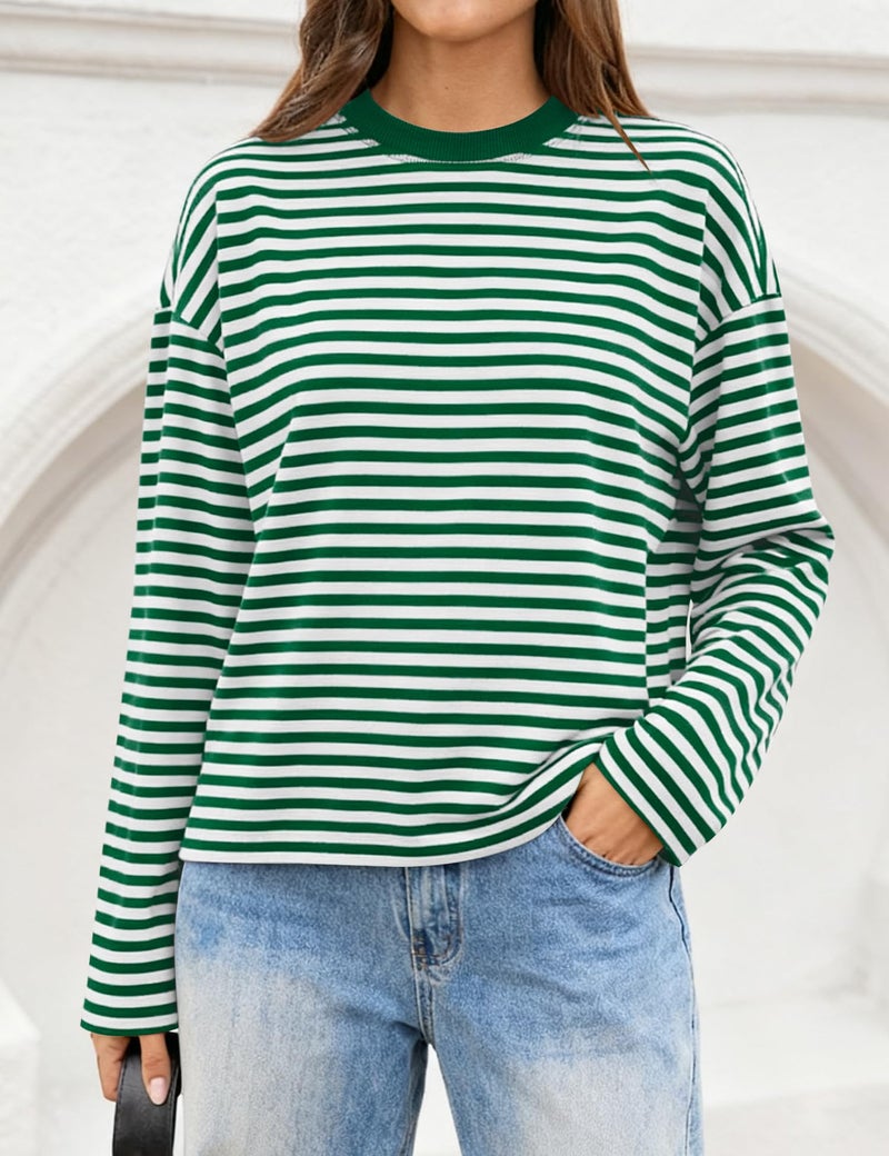 LOMON Striped Long Sleeve Shirt Women Y2k Oversized Crewneck Fall Spring Drop Shoulder Vintage Tops Teen Girl Clothes (Green White Striped, M) - Image 3