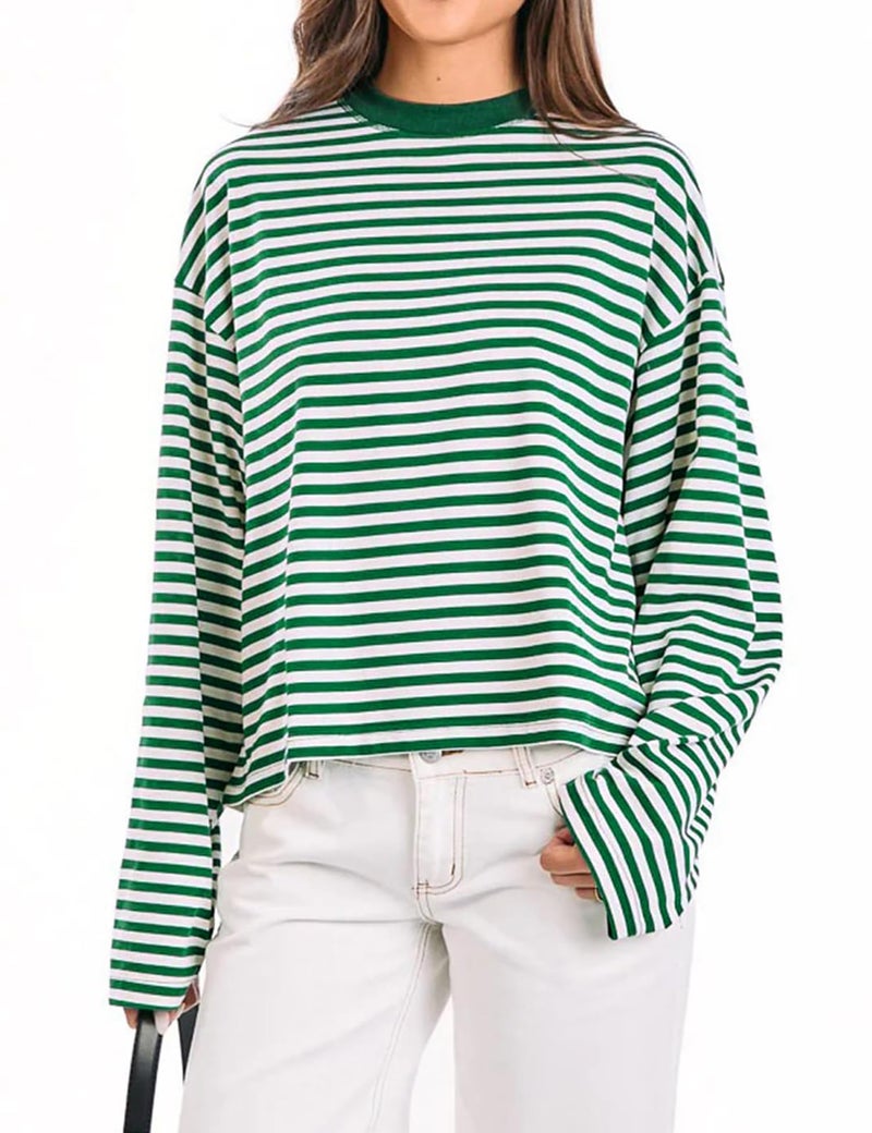 LOMON Striped Long Sleeve Shirt Women Y2k Oversized Crewneck Fall Spring Drop Shoulder Vintage Tops Teen Girl Clothes (Green White Striped, M) - Image 1