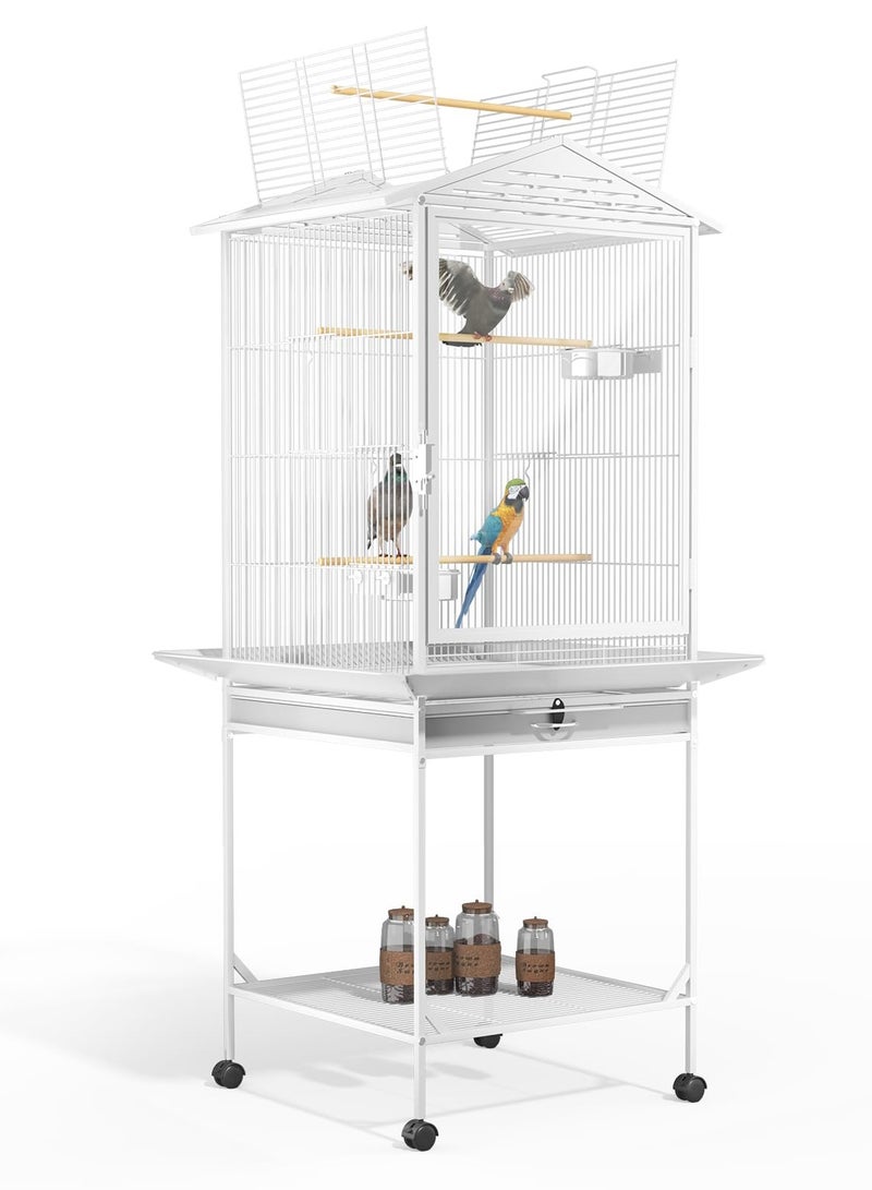 شو وو قفص طيور مفتوح السقف مع باب من الأكريليك، قفص طيور للطيران مع حامل متحرك، للعصافير والكناري وطيور الحب والببغاوات المتوسطة والصغيرة، أبيض - Image 1