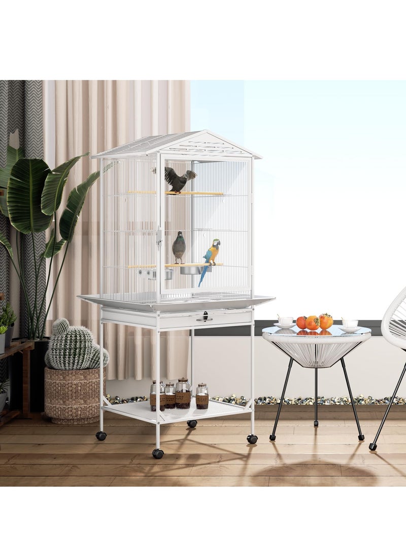 شو وو قفص طيور مفتوح السقف مع باب من الأكريليك، قفص طيور للطيران مع حامل متحرك، للعصافير والكناري وطيور الحب والببغاوات المتوسطة والصغيرة، أبيض - Image 3