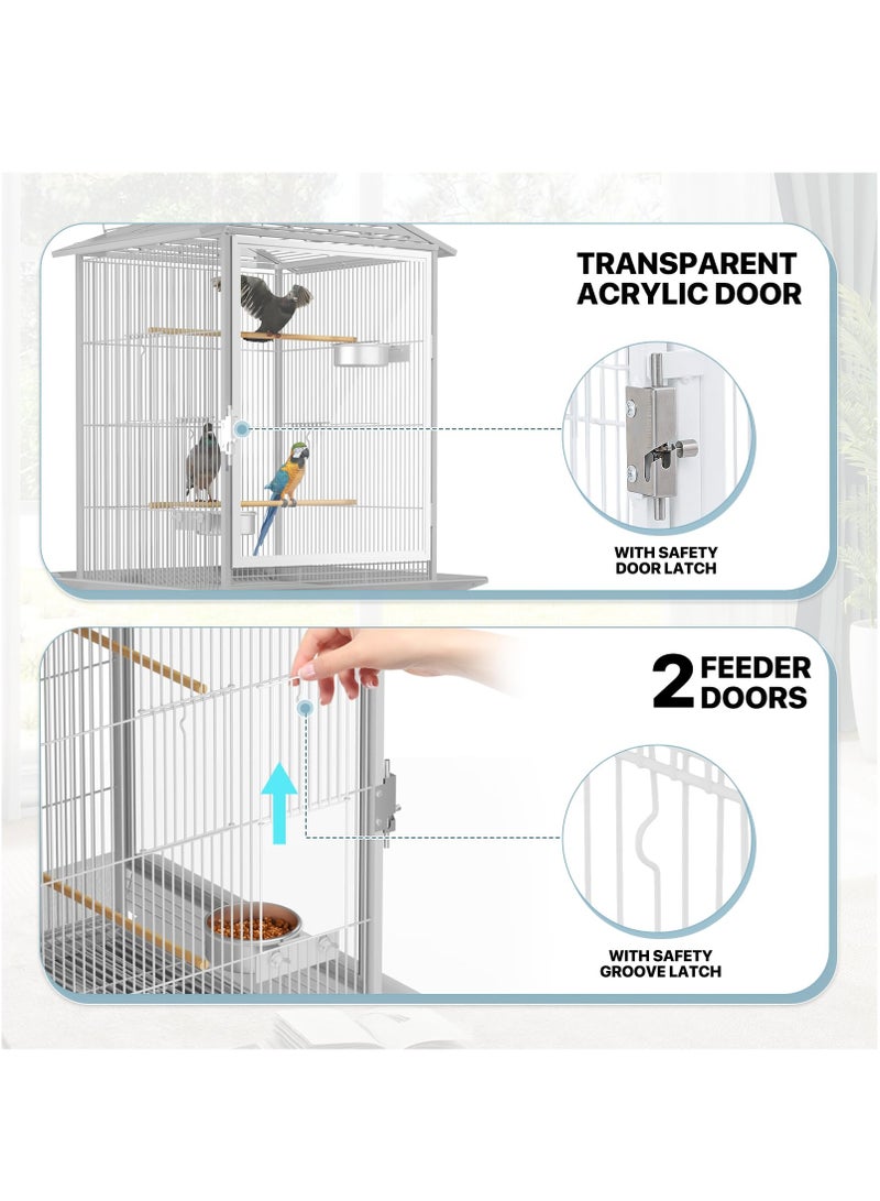 شو وو قفص طيور مفتوح السقف مع باب من الأكريليك، قفص طيور للطيران مع حامل متحرك، للعصافير والكناري وطيور الحب والببغاوات المتوسطة والصغيرة، أبيض - Image 5