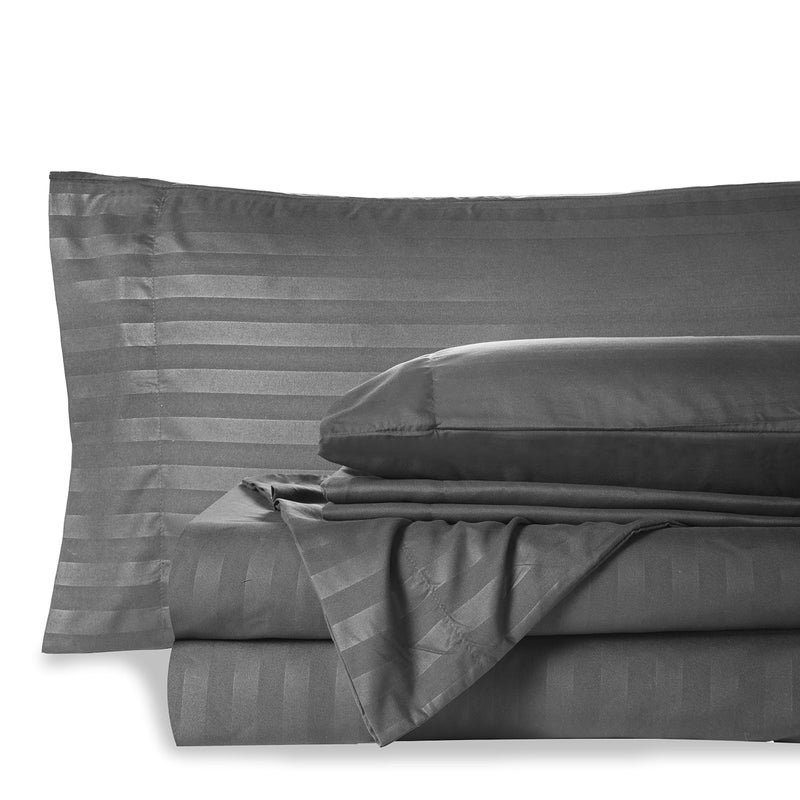 Mocassi Cali King Stripe Sheet Set  Luxury Hotel 1800 Premier Bedding Sheets  Pillowcases  Ultra Soft Breathable  Cooling Bed Sheets  Wrinkle Resistant  6 Piece Set  California King Gray
